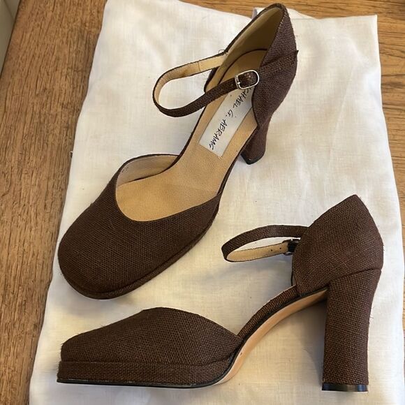 MICHAEL ABRAMS LINEN BROWN ANKLE STRAP HEELS. NEW - Picture 2 of 10